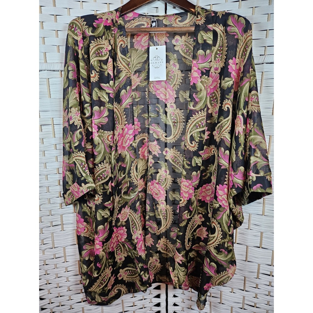 Olrain Womens Sheer Open Front Top XL NWT Kimono Floral Paisley Bloomcore